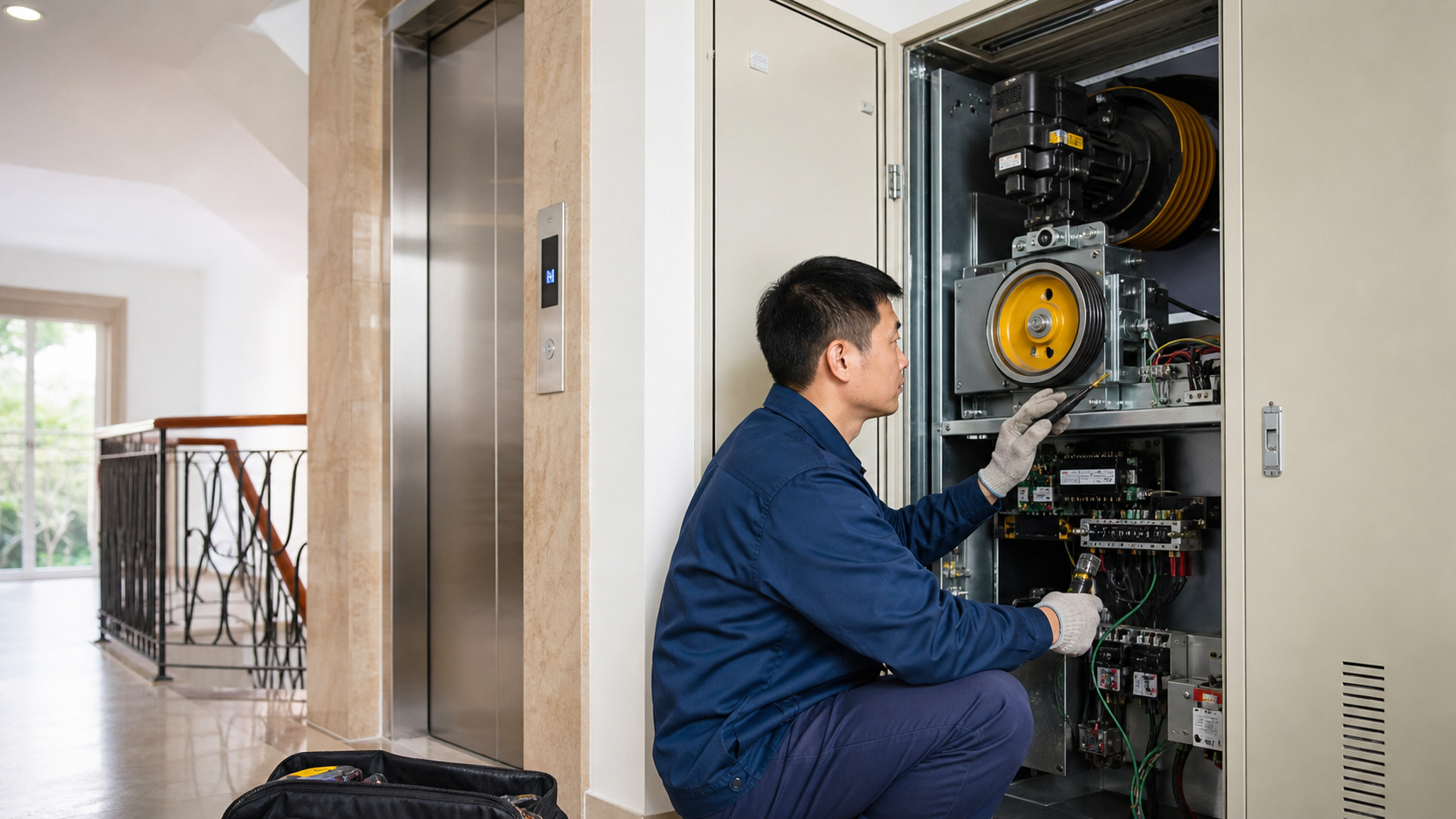 Kỹ thuật viên kiểm tra hệ thống thang máy cáp kéo